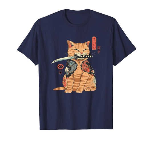 Alexamerch Cats Japanese Samurai Ninja Cat Kawaii Tattoo Graphic T-Shirt - Kids, Anime Fans, Casual Wear Lovers - Unisex - Black - Small - Short Sleeve - Classic Fit - Cotton, Polyester