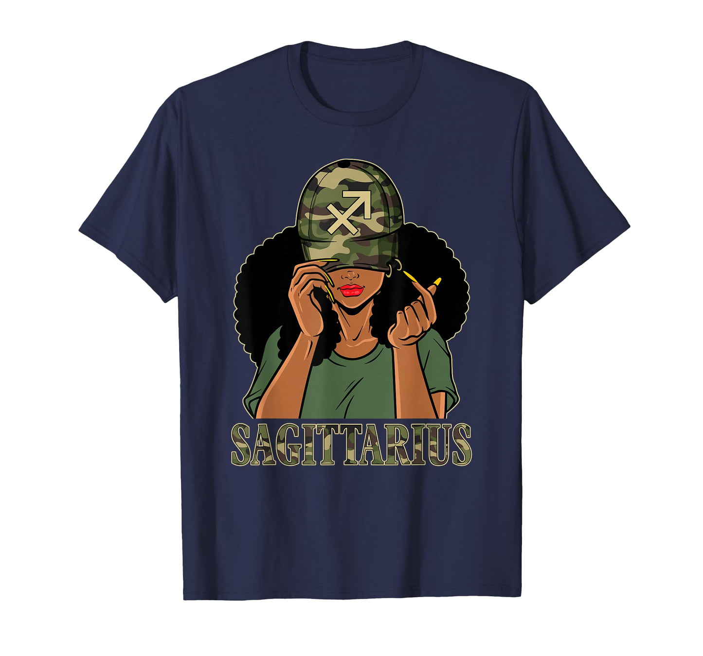 Sagittarius Girl Black Woman With Cap Camo Afro Woman Zodiac T-Shirt