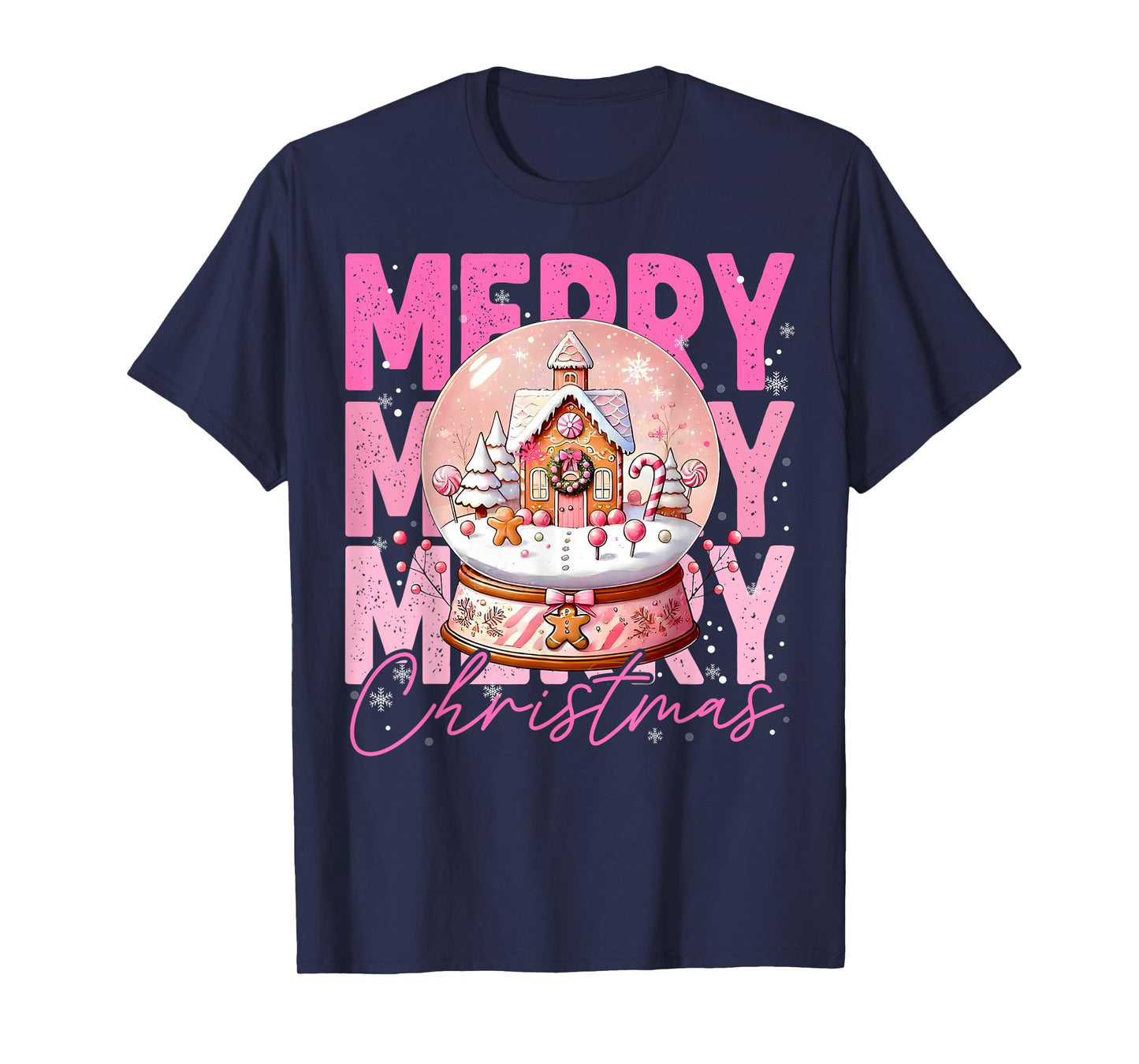 Cute Merry Christmas Snow Globe Pink Gingerbread House Xmas T-Shirt
