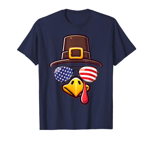 Turkey Face Pilgrim Patriotic Sunglasses Thanksgiving T-Shirt