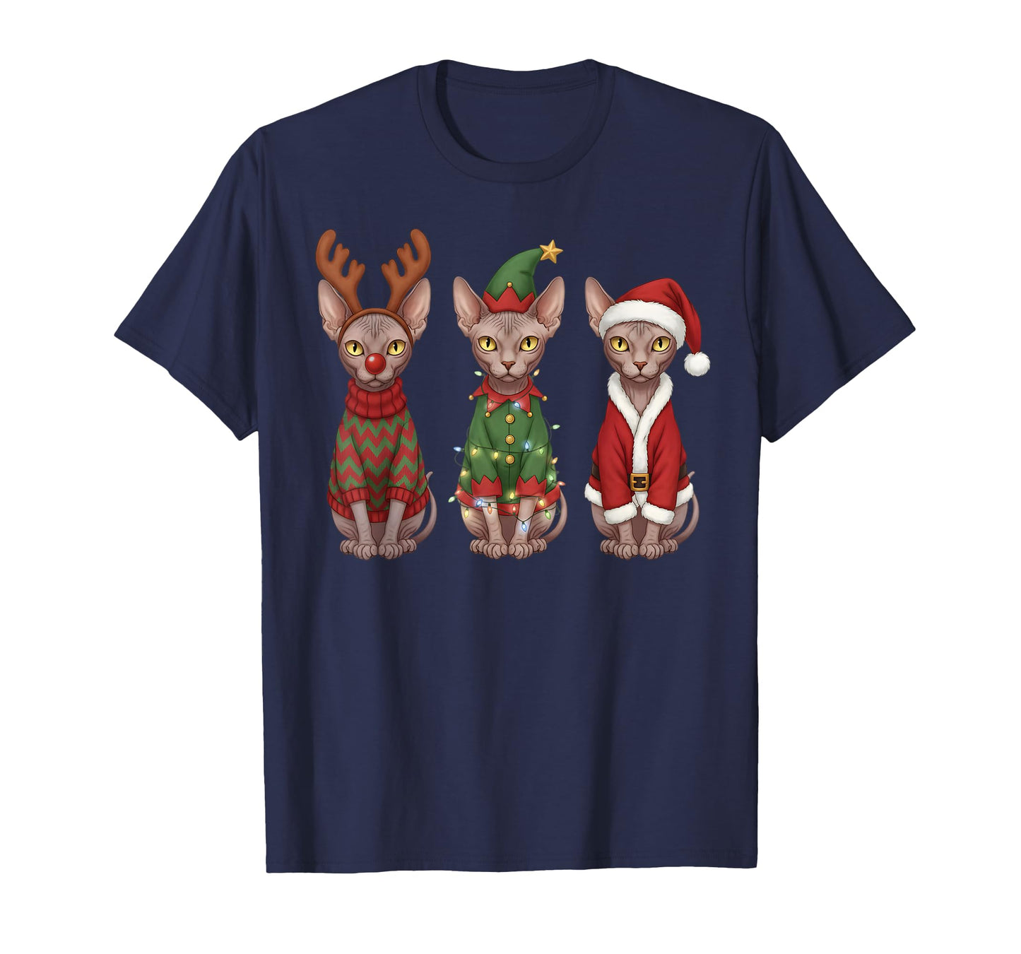 Retro Christmas Sphynx Cat Santa Reindeer T-Shirt
