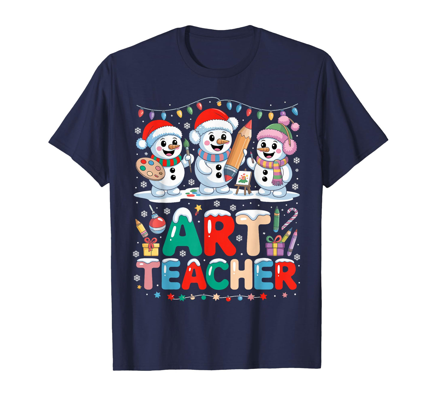 Christmas Art Teacher Snowman Artists Painting Lover Xmas T-Shirt