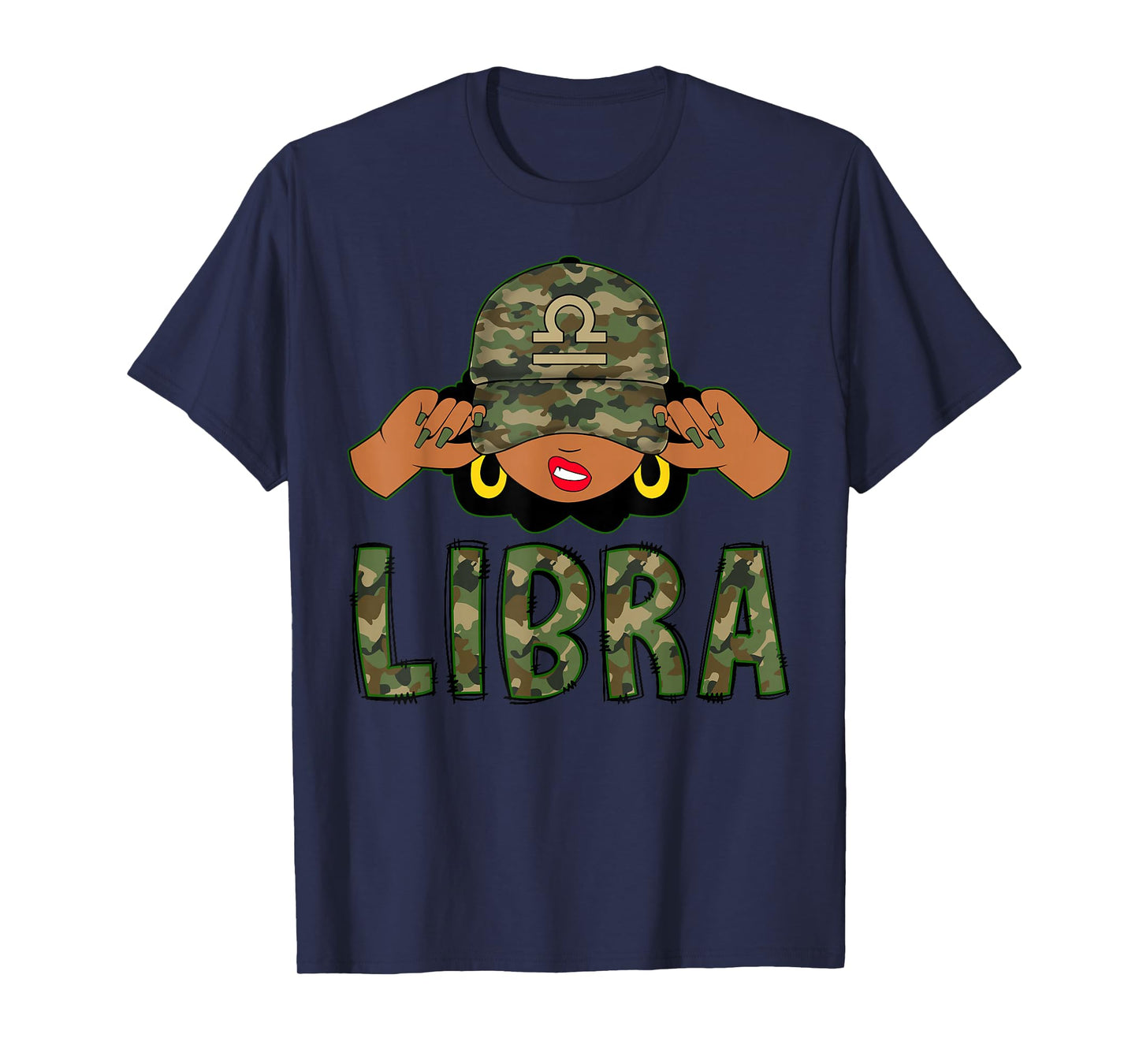 Libra Queen Black Woman With Camo Cap Afro Girl Zodiac T-Shirt