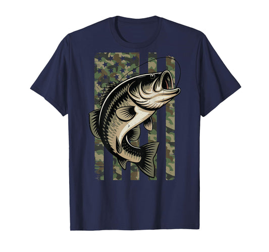 Youth Men Fishing Camo Bass Fish American Flag Patriotic Boy T-Shirt