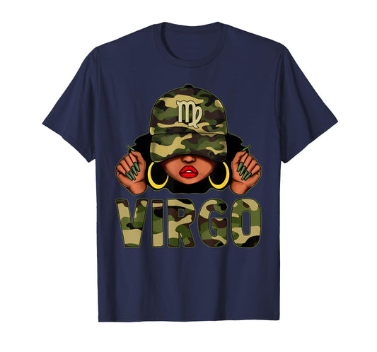 Virgo Queen Black Woman With Cap Camo Afro Girl Zodiac T-Shirt