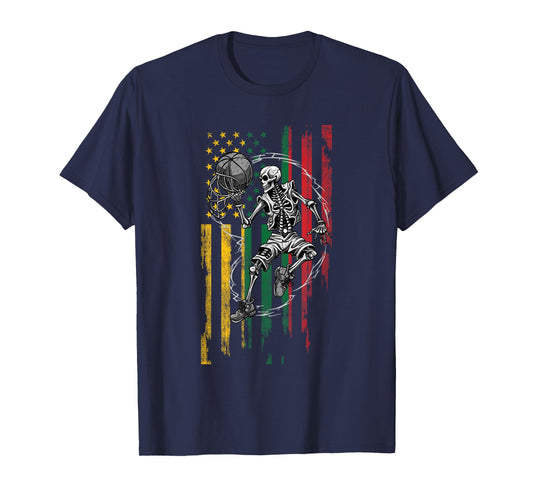 Lithuanian American Flag Skeleton Playing Basketball T-Shirt