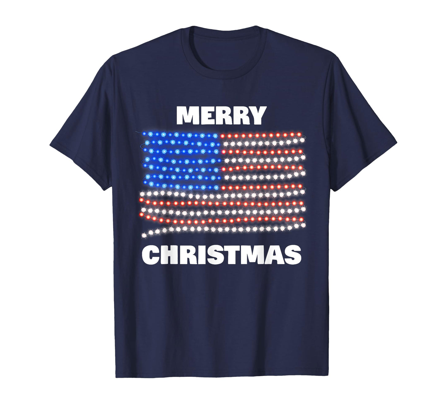 American USA Flag Patriotic Merry Christmas Xmas Lights Women Kids Men T-Shirt