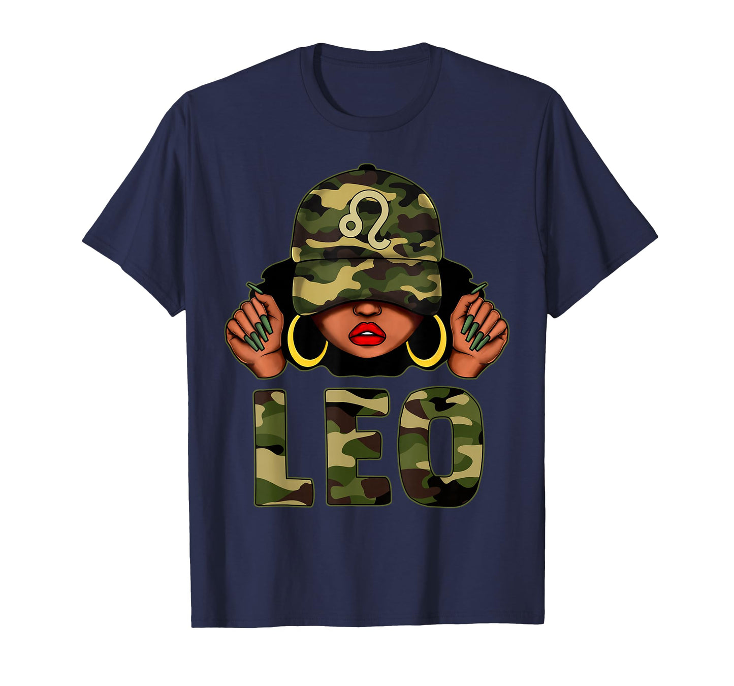 Leo Queen Black Woman with Cap Camo Afro Girl Zodiac T-Shirt