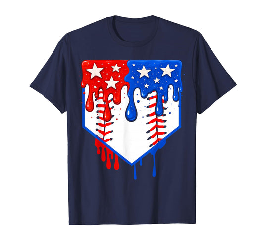 Baseball Drip American Flag Home Plate 4th Of July Patriotic T-Shirt