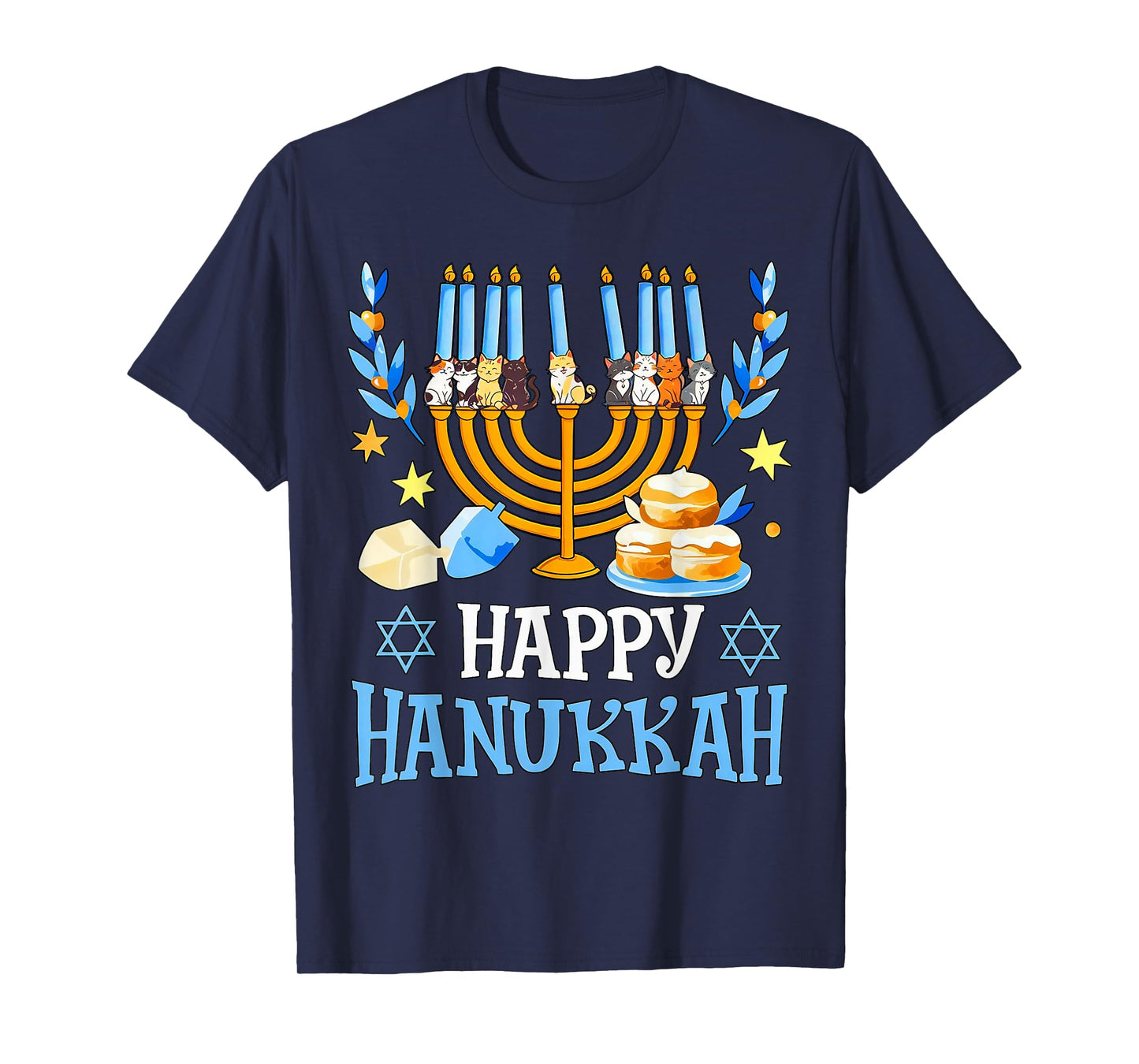Funny Cats Menorah Happy Hanukkah Candlestick Jewish Women T-Shirt