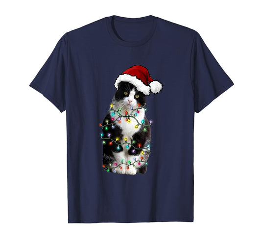 Cute Tuxedo Black Cat Christmas Light Cat Christmas Pajama Men Women Kids T-Shirt