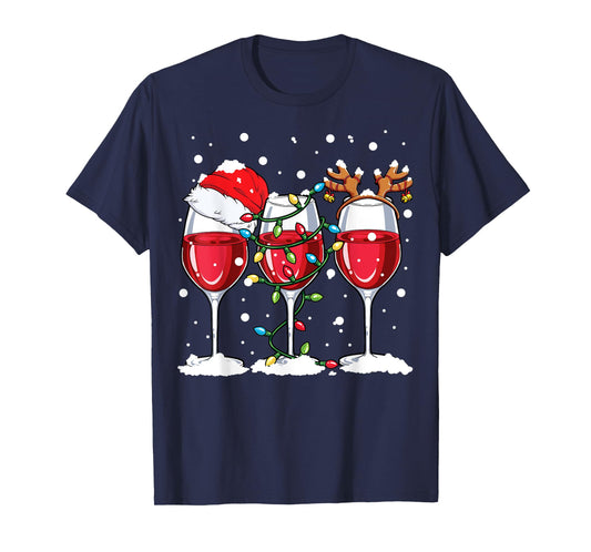 Wine Christmas Santa Hat Xmas Lights Reindeer Antlers Women T-Shirt
