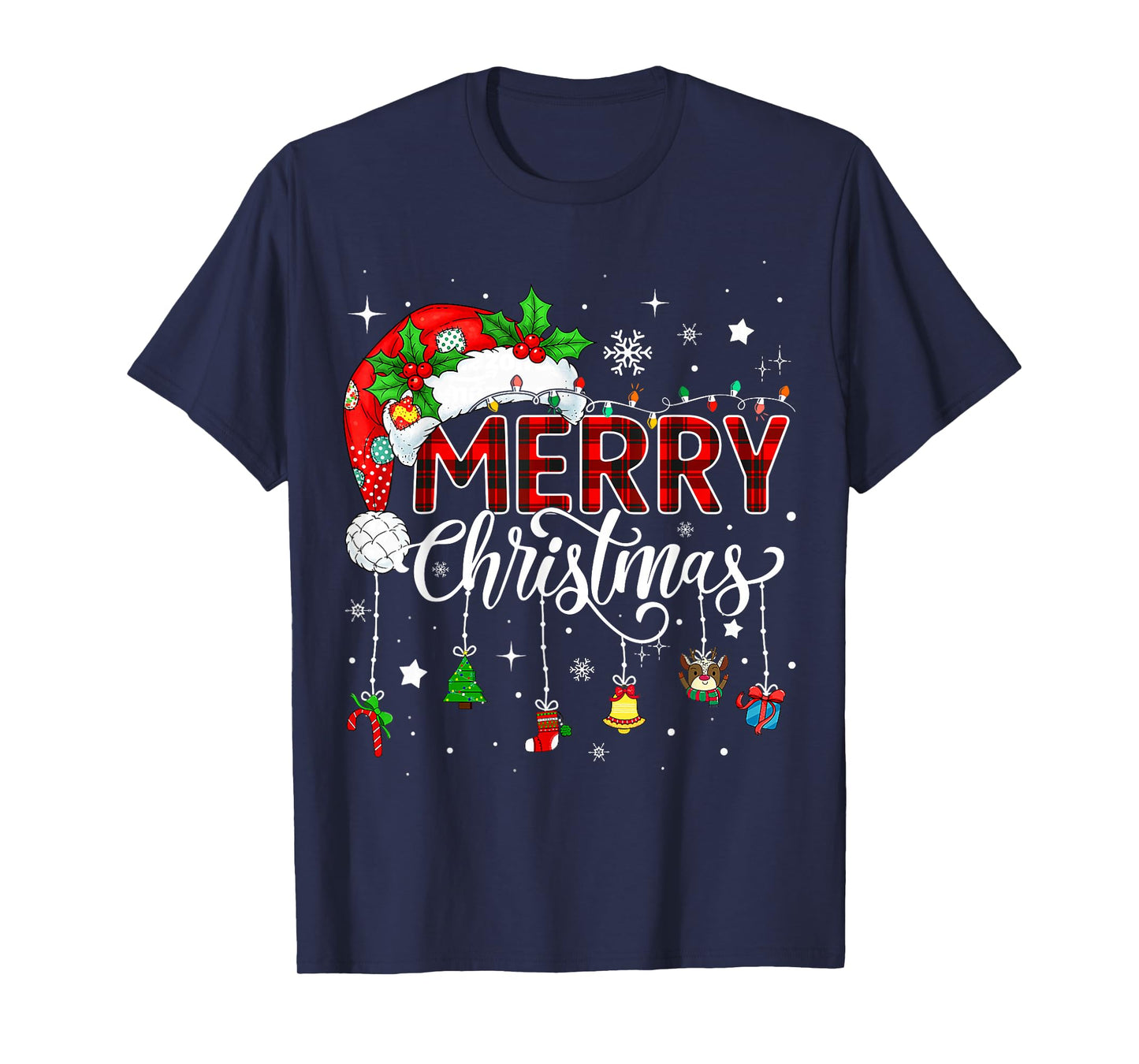 Merry Christmas Lights Red Santa Hat Xmas Family Men Women T-Shirt
