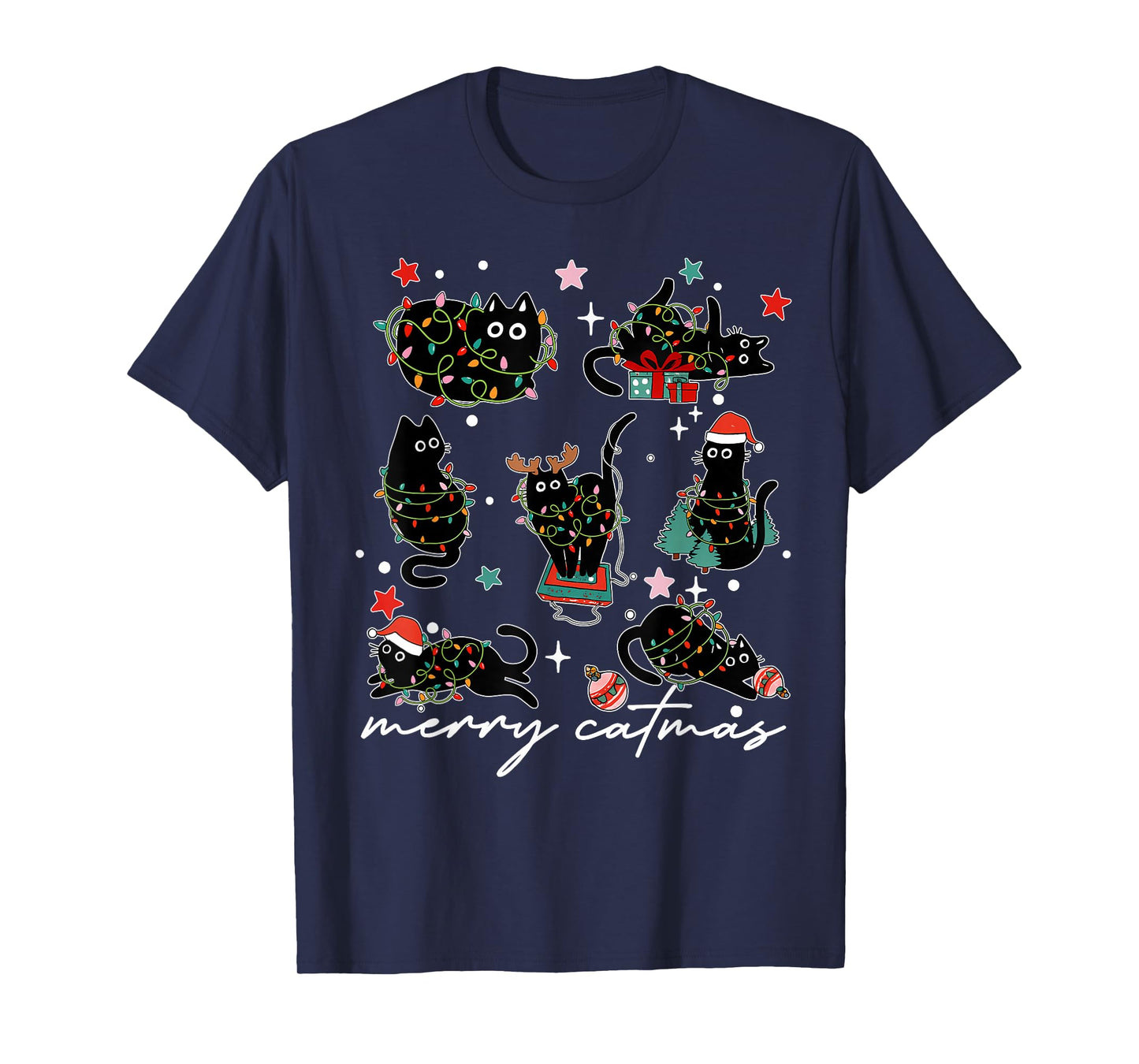 Cat Christmas Light Reindeer Santa Christmas Cat Lover T-Shirt