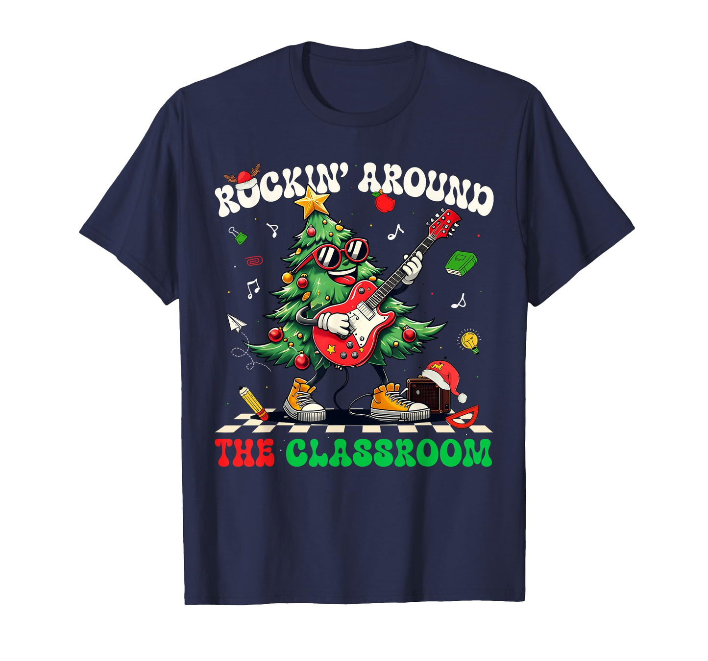 Teacher Christmas Rockin' Around The Classroom Retro Groovy T-Shirt