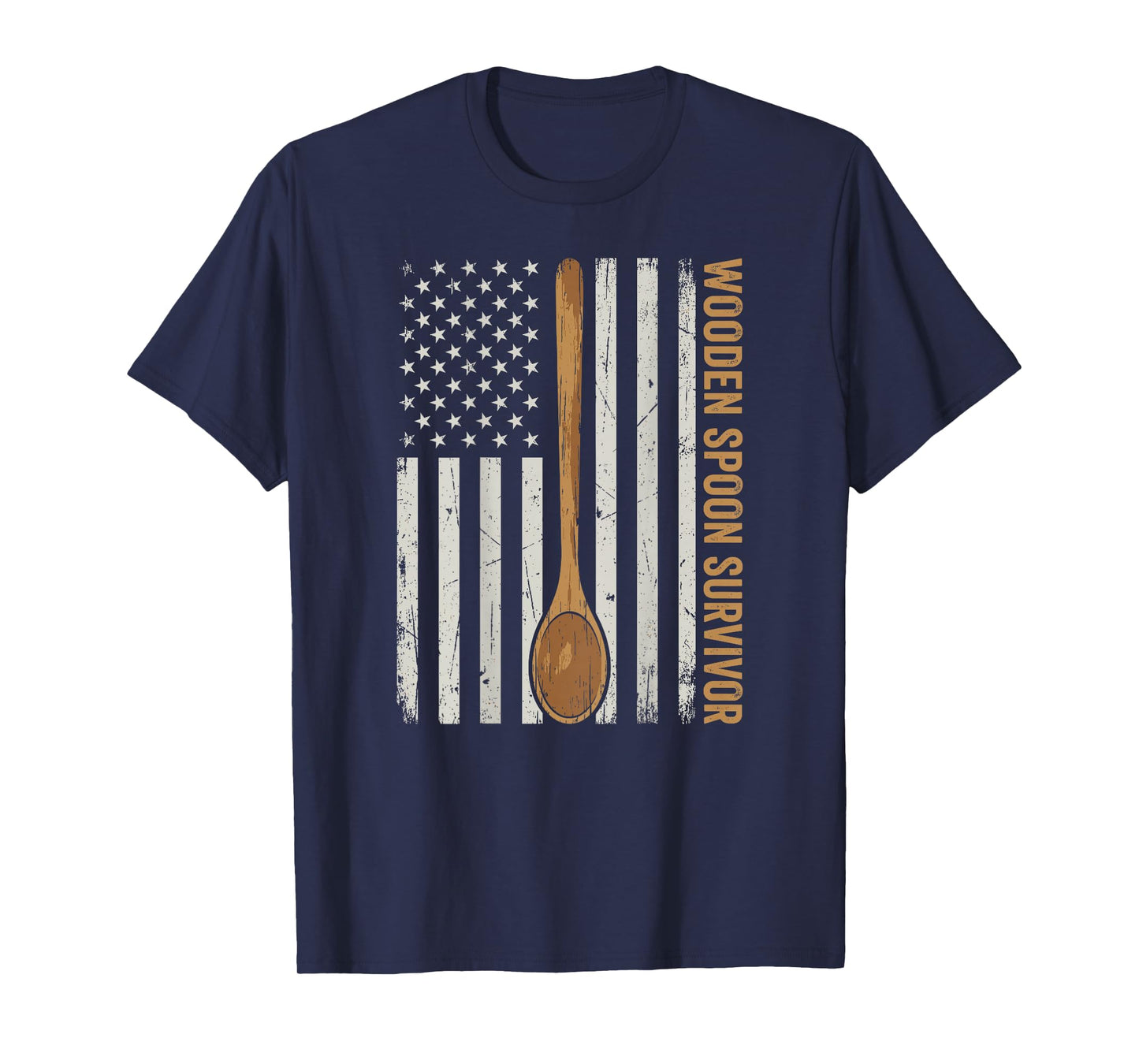 Wooden Spoon Survivor American Flag Funny Gen X (on Back) T-Shirt