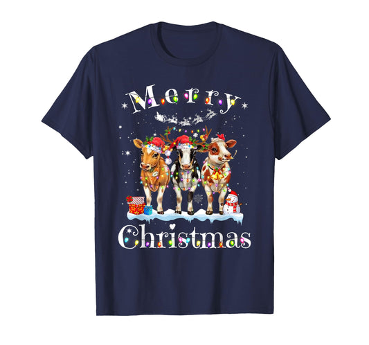 Cow Reindeer Hat Santa Christmas Lights Funny Cow Christmas T-Shirt