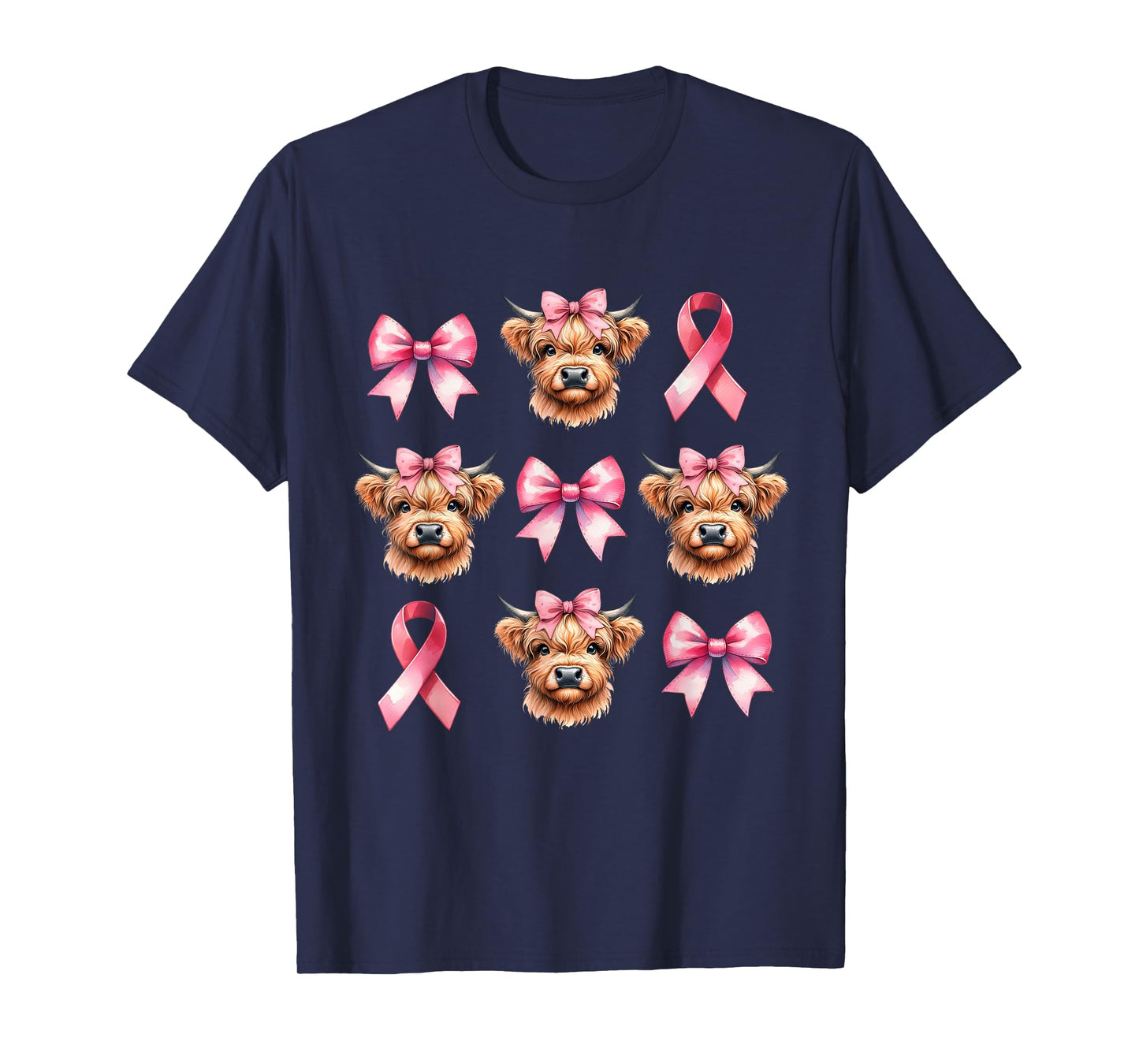 Coquette Bow Pink Ribbon Highland Cow Pink Breast Cancer T-Shirt