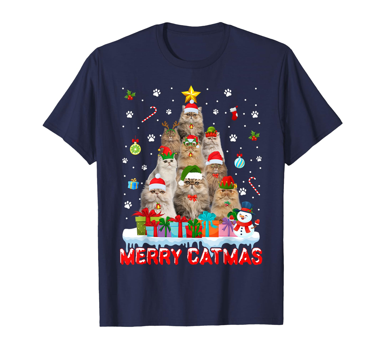 Funny Persian Cat Lovers Cute Holiday Christmas Tree T-Shirt