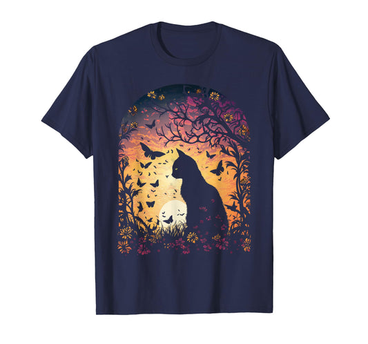Cottagecore Cat Sunset Butterflies Flowers Garden Women T-Shirt