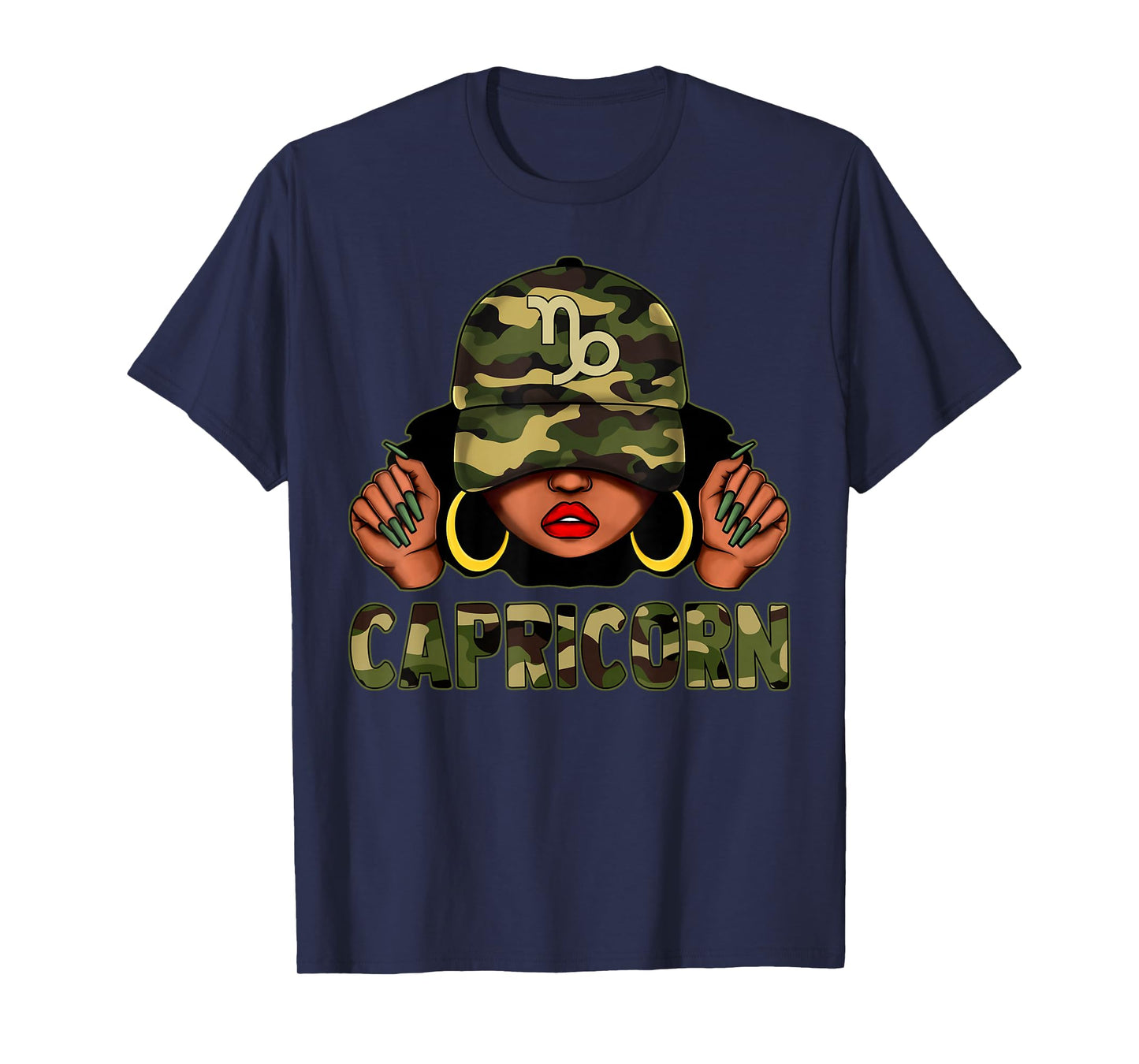 Capricorn Queen Black Woman With Cap Camo Afro Girl Zodiac T-Shirt