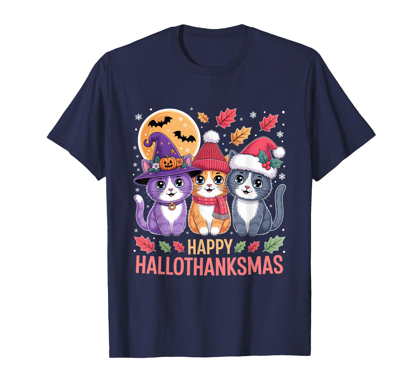 Halloween Cats Thanksgiving Christmas Happy HalloThanksMas T-Shirt