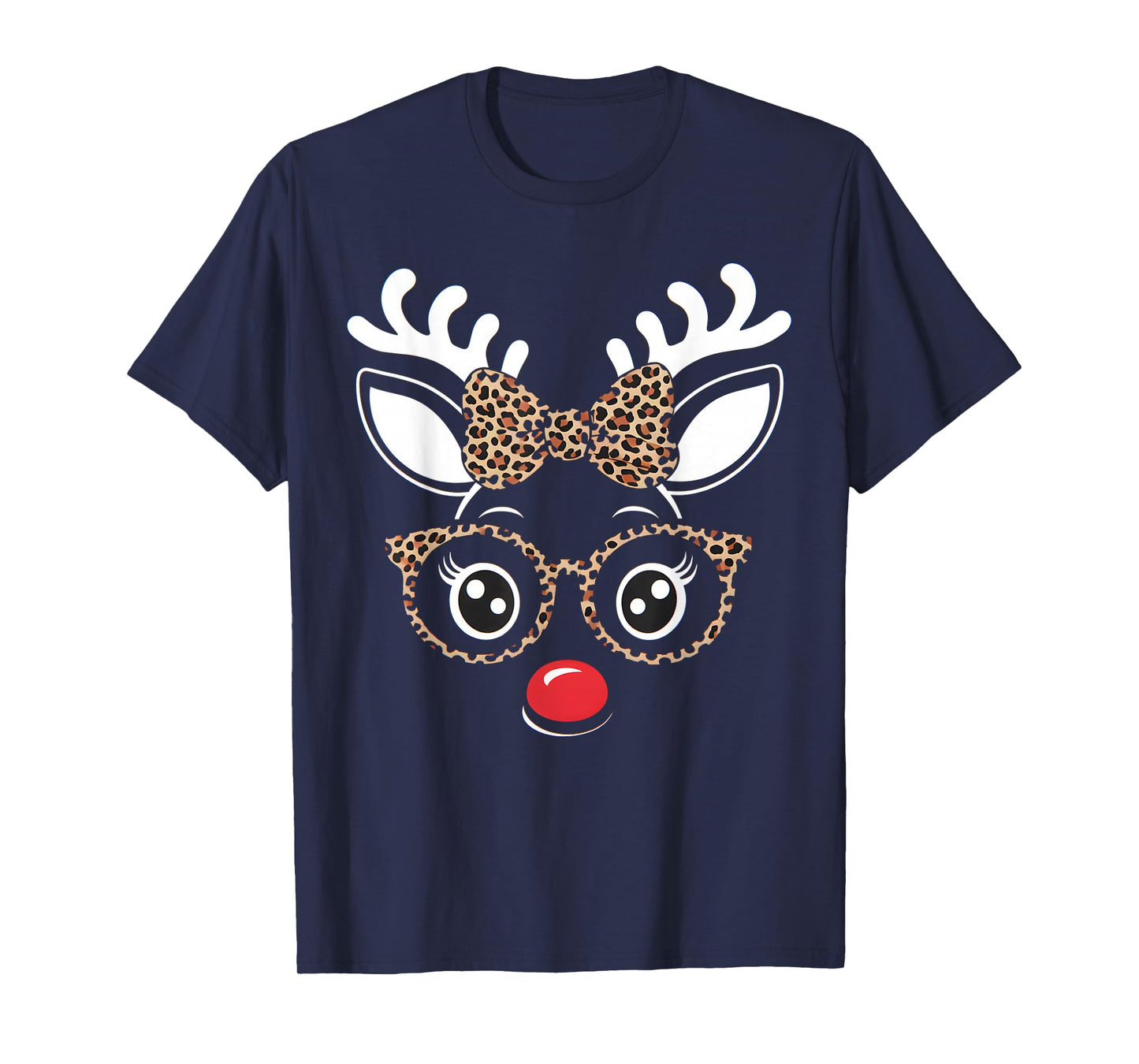 Christmas Reindeer Face Leopard Print Glasses Women Girls T-Shirt