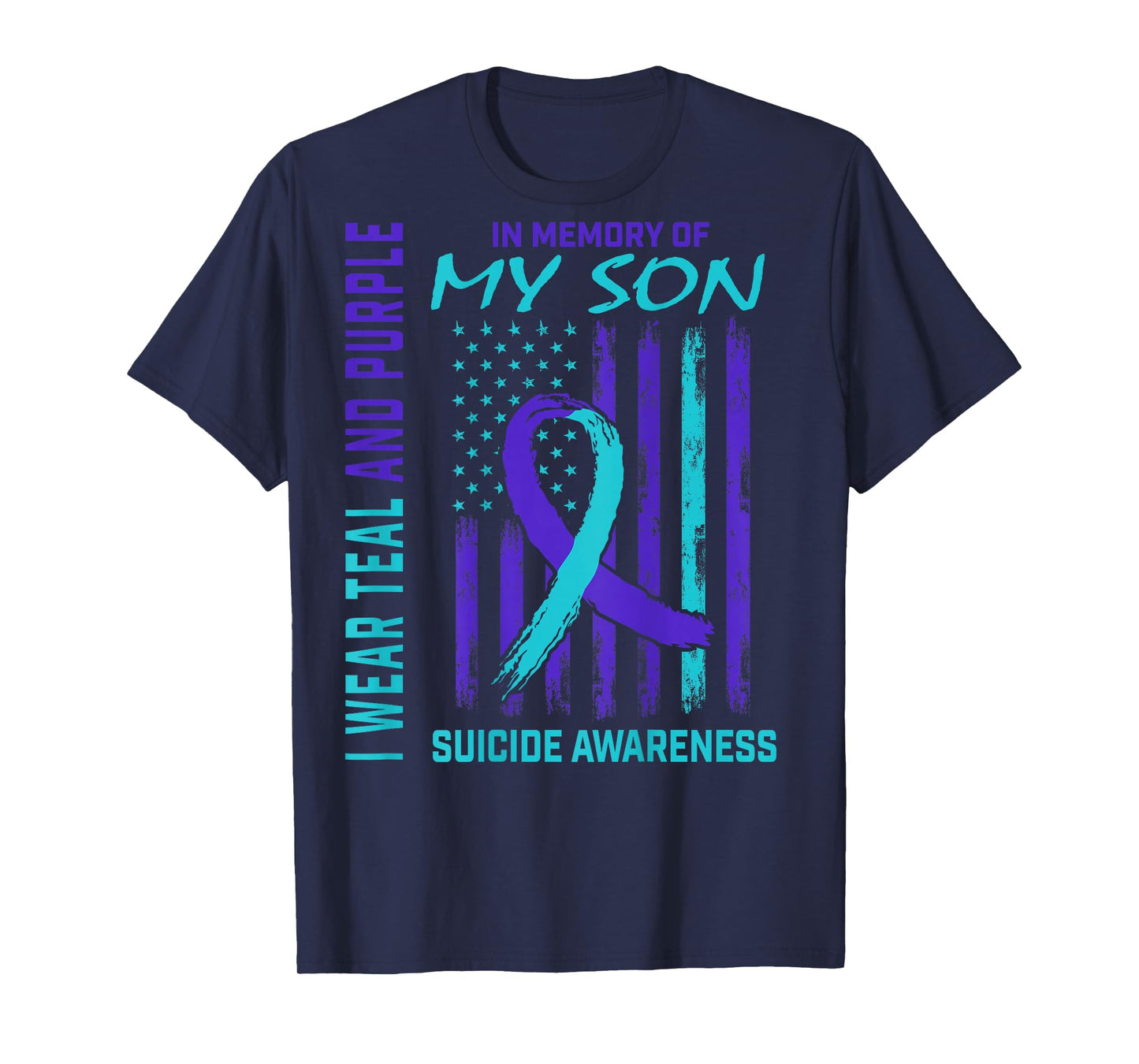 Teal Purple Ribbon Suicide Awareness USA Flag Son Back Print T-Shirt