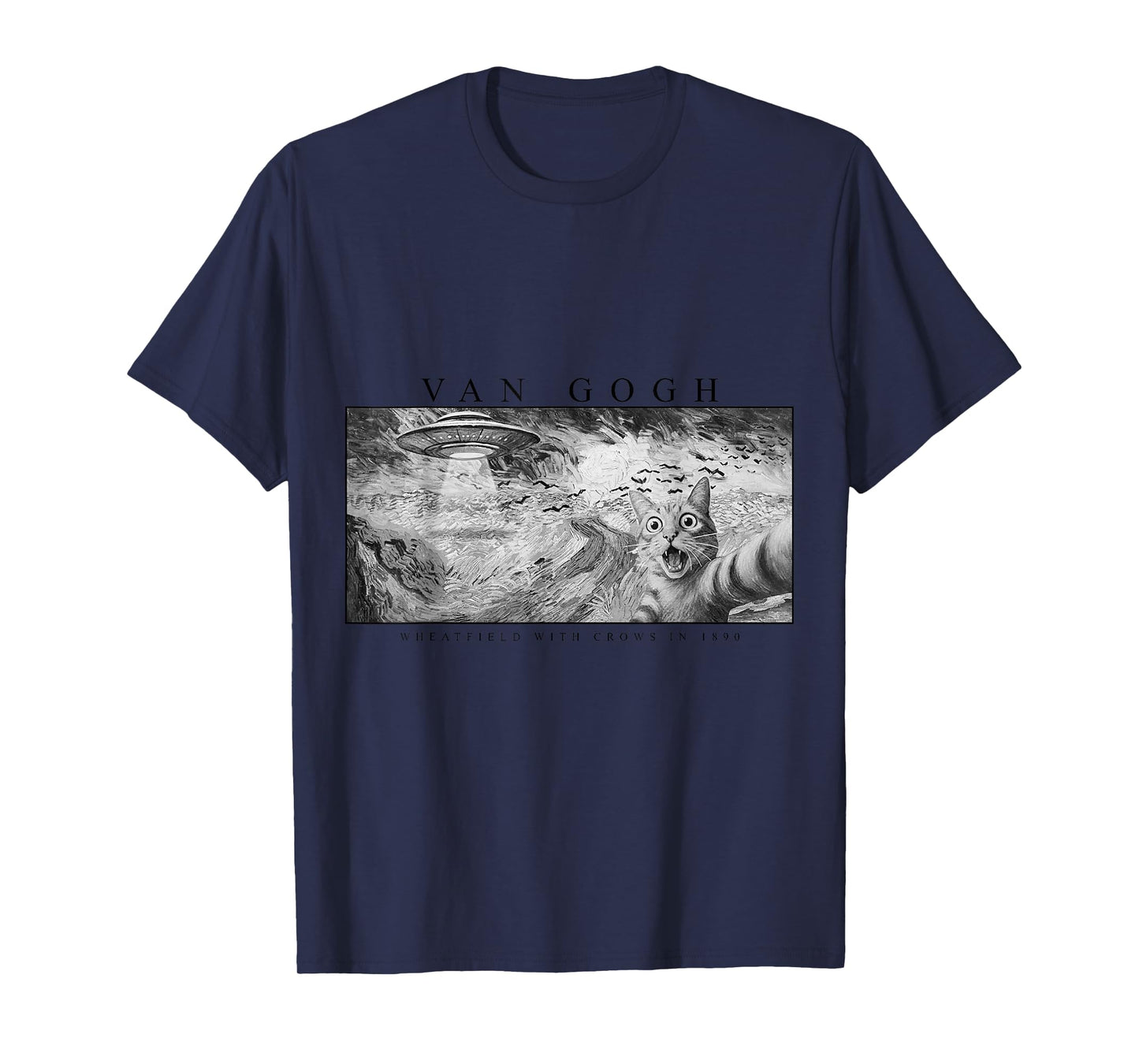 Funny Cat, Van Gogh Cat Selfie with Alien UFO in Wheatfield T-Shirt