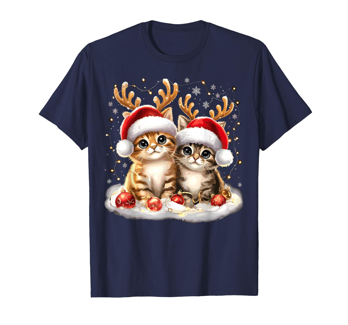 Cat Christmas Light Reindeer Santa T-Shirt