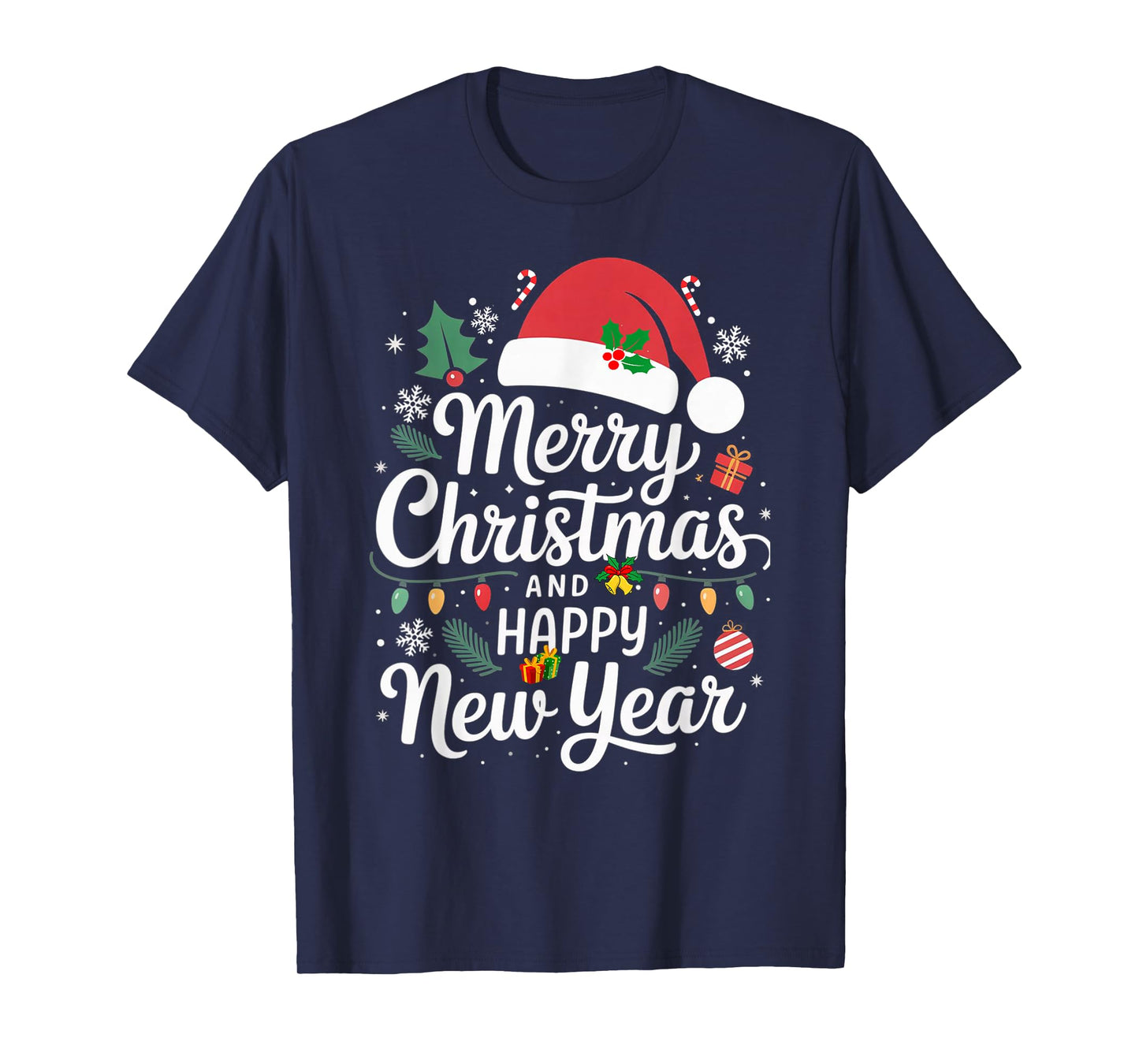 Merry Christmas Lights Red Santa Hat and Happy New Year T-Shirt
