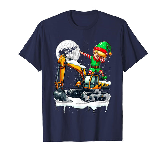 Dabbing Elf On Excavator Truck Christmas Driver Lover Kids T-Shirt
