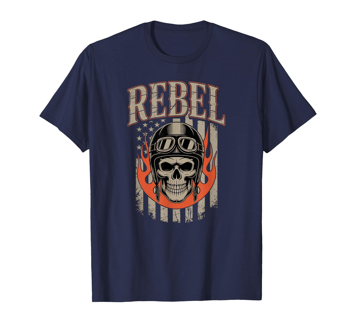 Biker Skull Vintage Art with Flames and American Flag T-Shirt