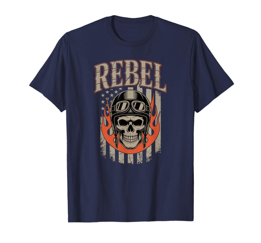 Biker Skull Vintage Art with Flames and American Flag T-Shirt