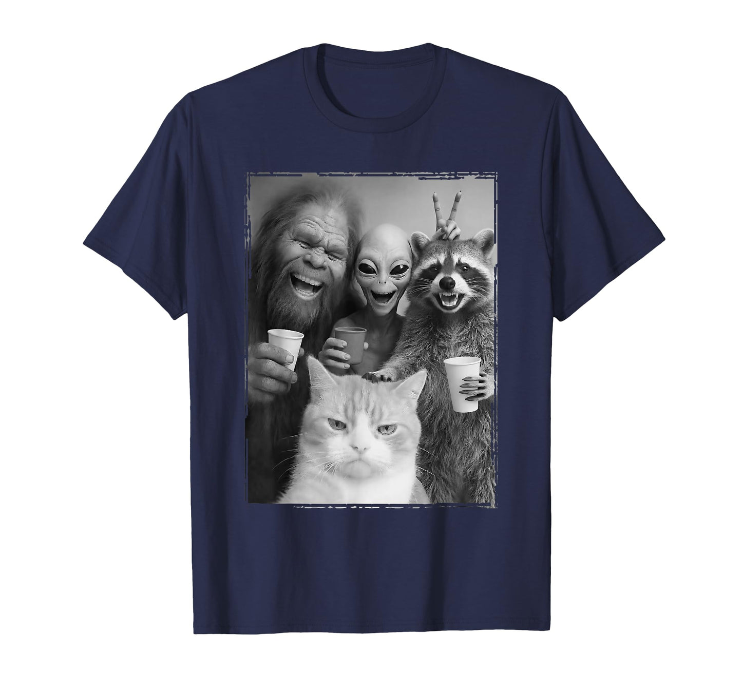 Cat Selfie with Bigfoot, Alien & Racoon | Funny Cat T-Shirt