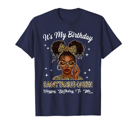 Sagittarius Queen Black Girl Leopard Bow It's My Birthday T-Shirt