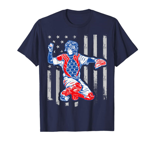 American Baseball Catcher USA Vintage Flag 4th of July Boys T-Shirt
