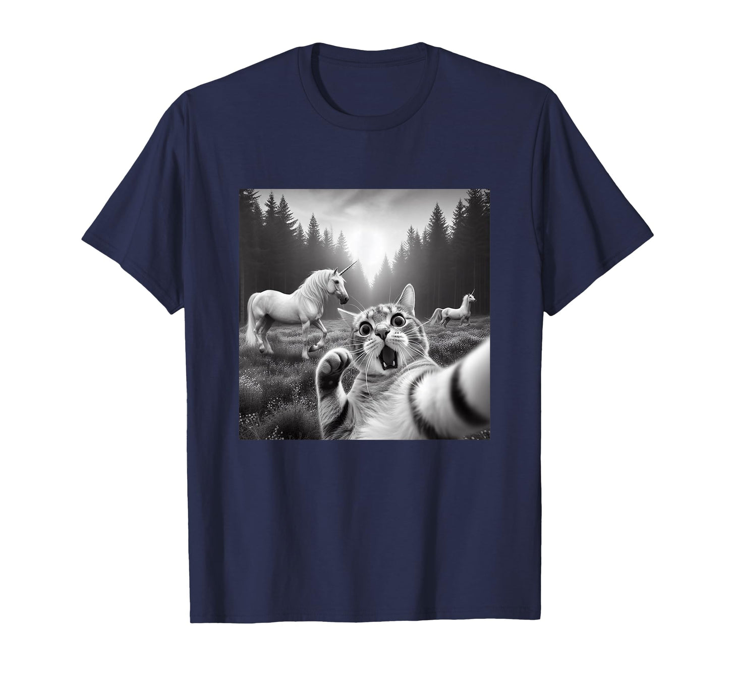Funny Surprised and Scared Cat Selfie with Unicorns T-Shirt