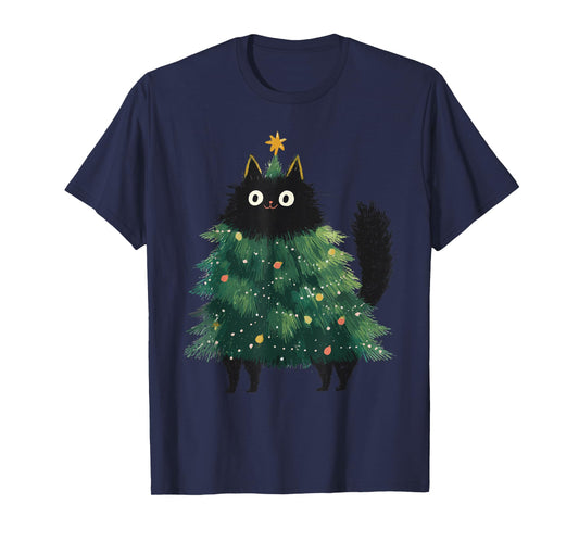 Cute Black Cat Christmas Tree Funny Kitten Lover Xmas Kids T-Shirt