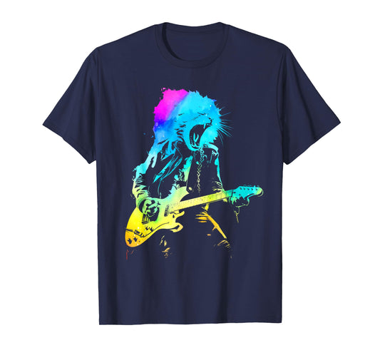 Colorful Rock Cat Playing Guitar Funny Guitar Cat Mens Women T-Shirt