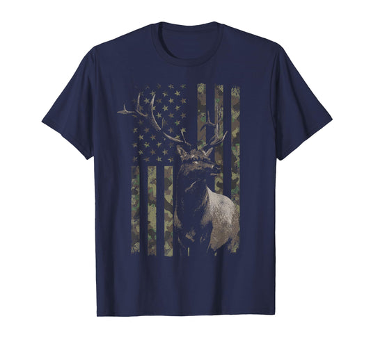 Elk Hunting Distressed Camo American Flag T-Shirt