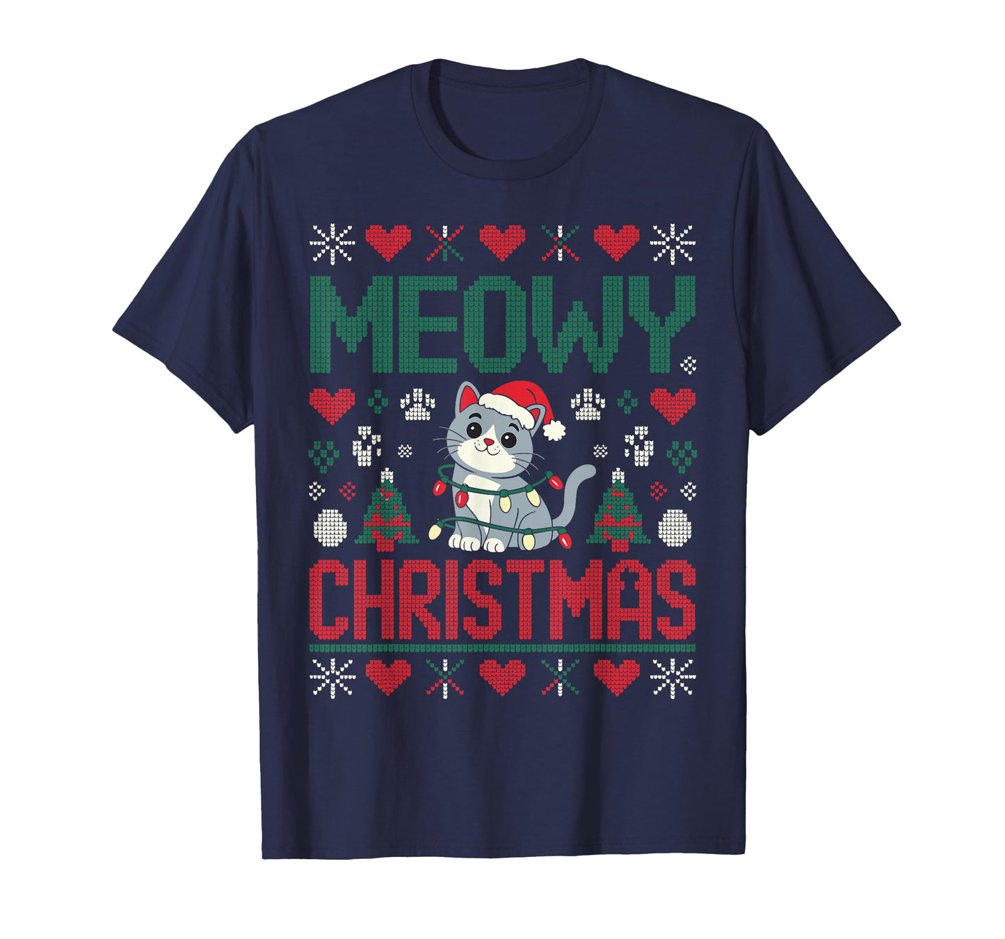 Funny Meowy Christmas Ugly Xmas Cute Lights CAT Santa Family T-Shirt