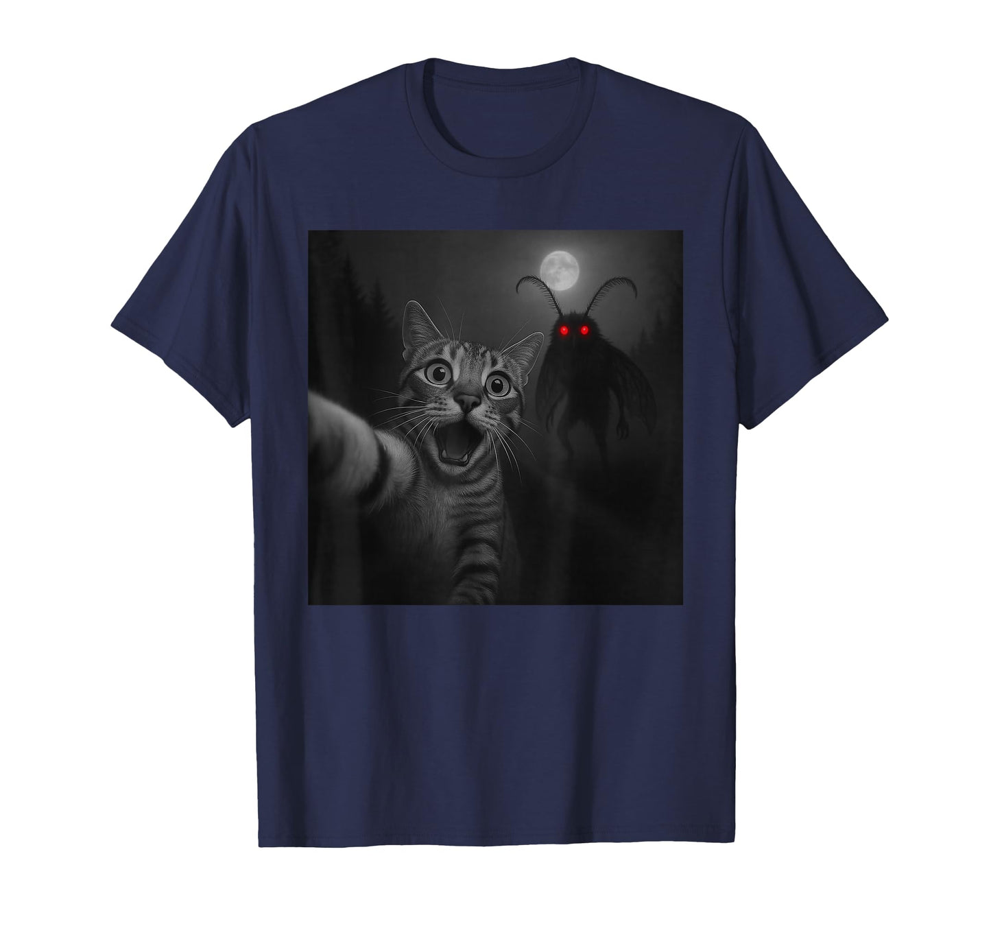 Funny Halloween Surprised Scared Cat Selfie Mothman Cryptid T-Shirt