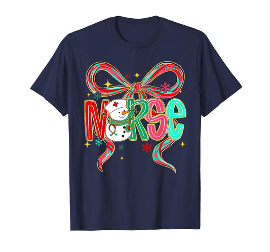 Christmas Nurse Snowman Xmas Pajamas RN ICU NICU ER Pacu Bow T-Shirt