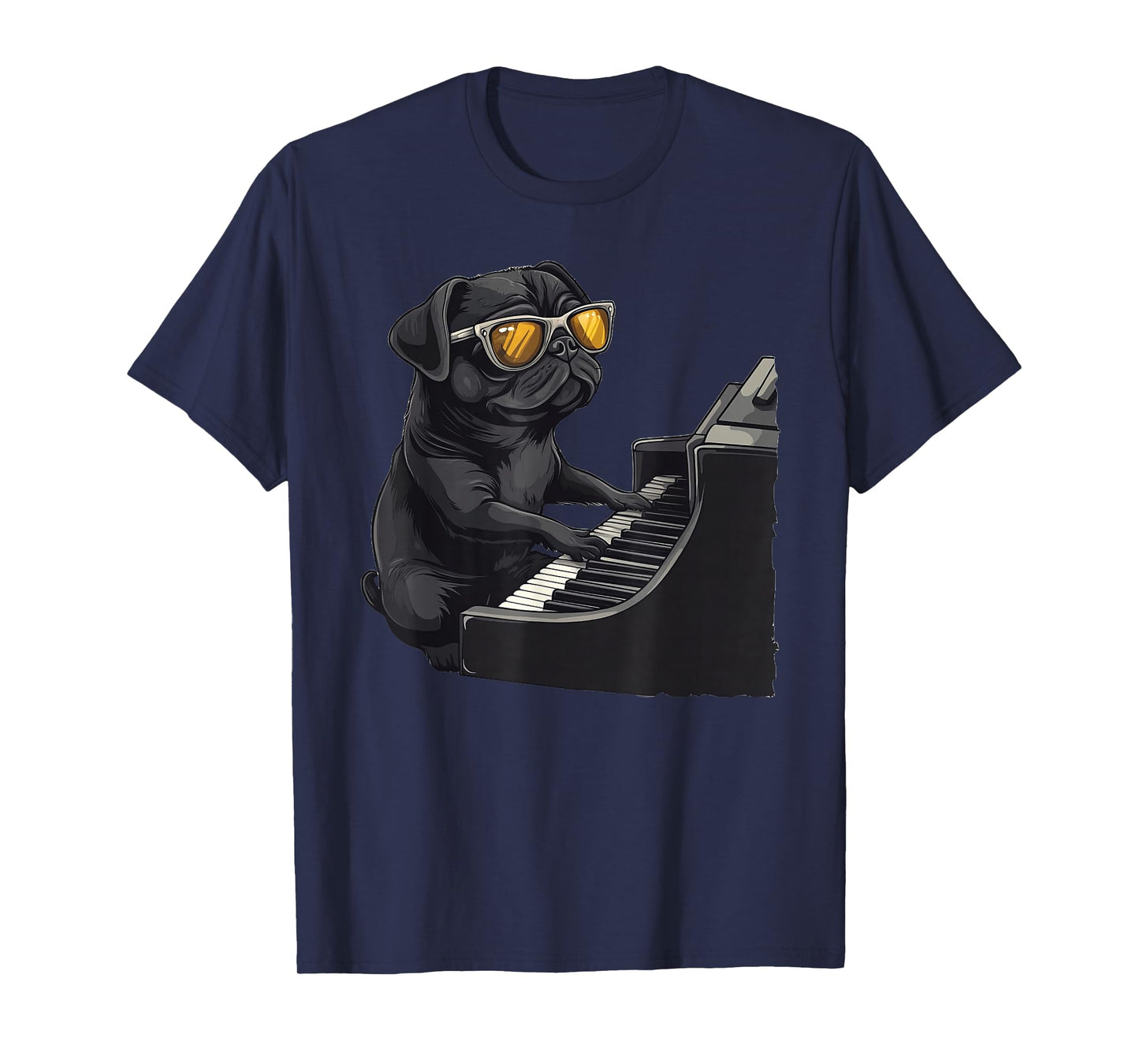 Cute Dog Black Pug Playing Piano Musician Music T-Shirt
