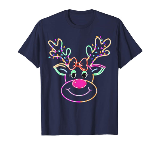 Christmas Reindeer Coquette Bow Xmas Lights Women Girls T-Shirt