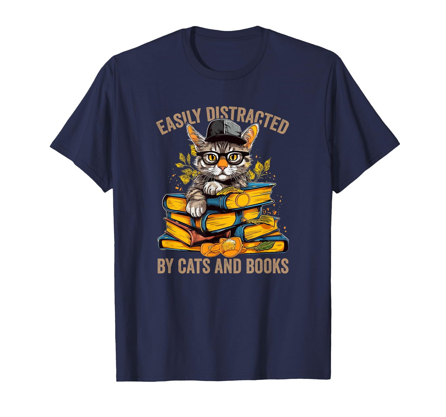 Easily Distracted by Cats and Books Book Reading Lovers T-Shirt