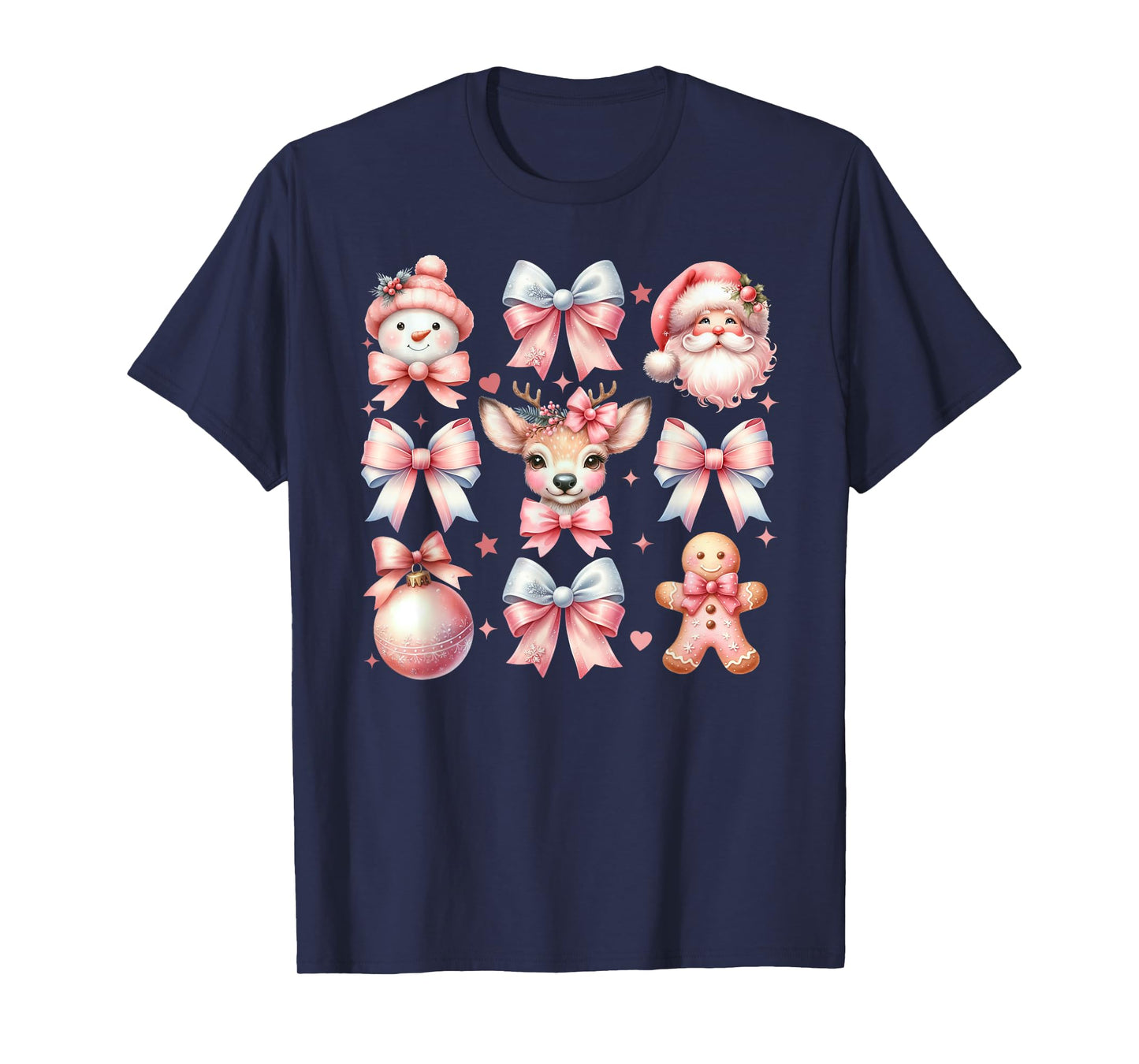 Vintage Pink Bow Christmas Coquette Bow Reindeer Santa Claus T-Shirt