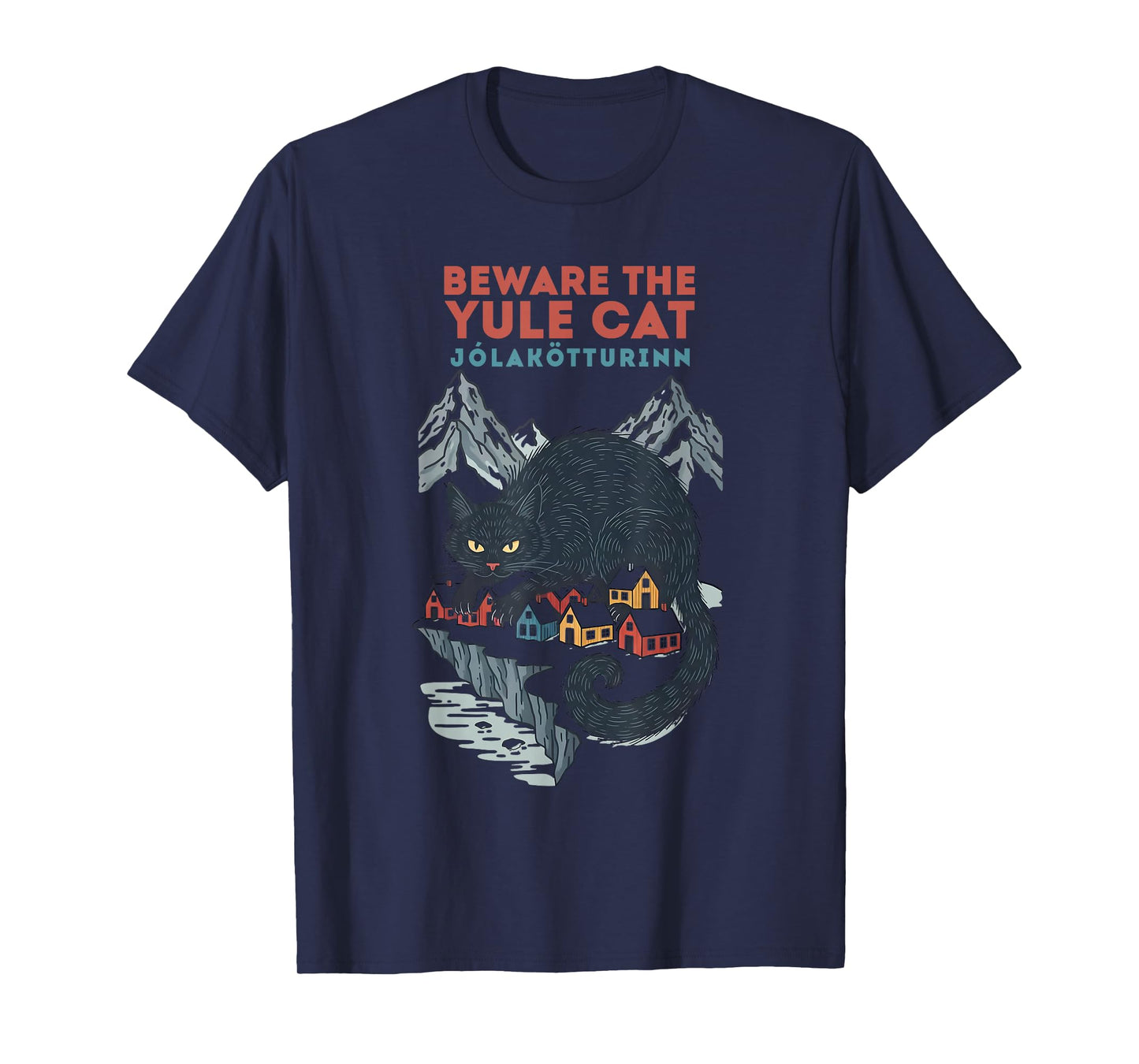 Funny Retro Yule Cat Beware The Jolakotturinn Dark Christmas T-Shirt