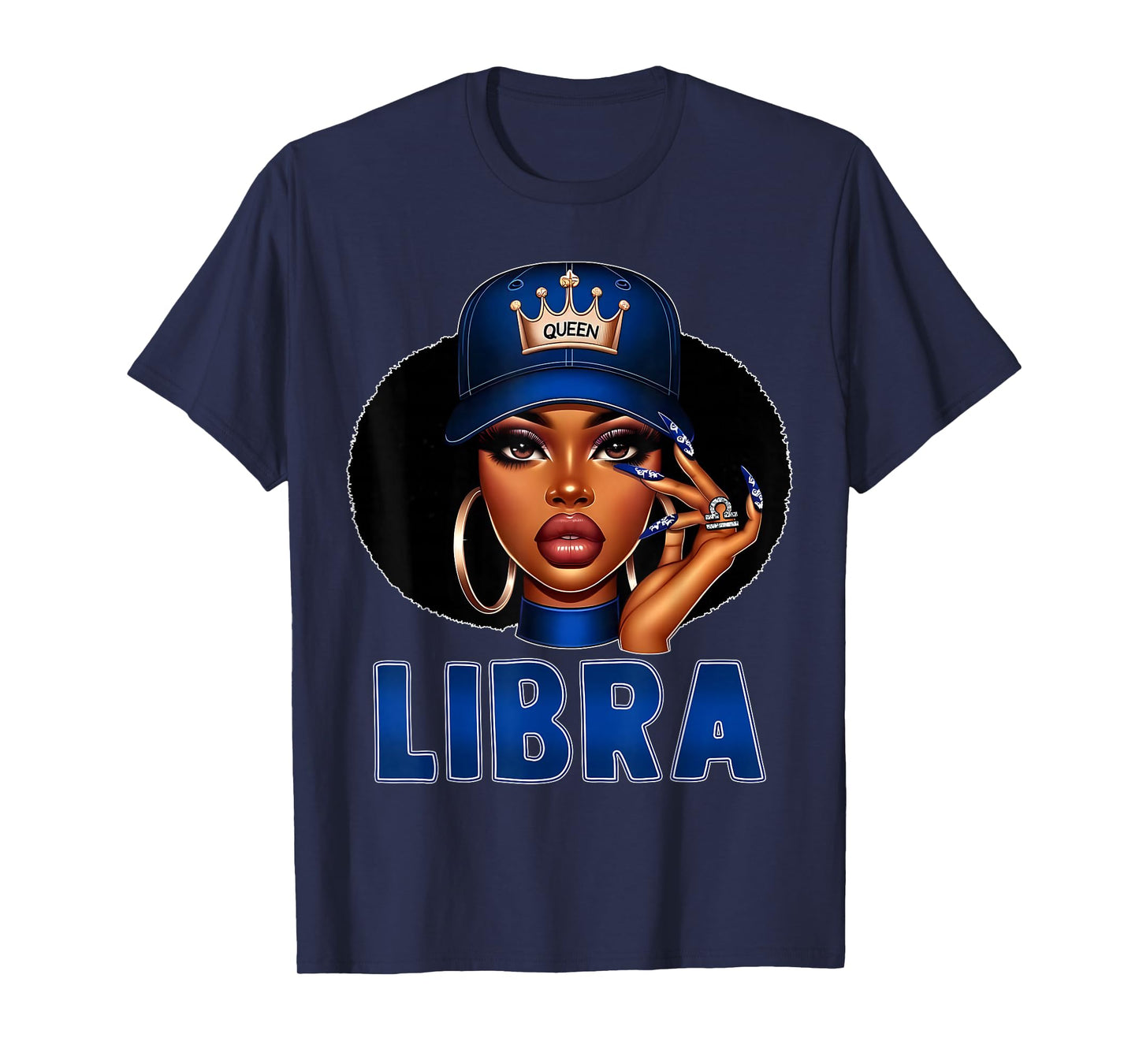 Libra Queen Black Woman with Cap Crown Afro Girl Zodiac T-Shirt